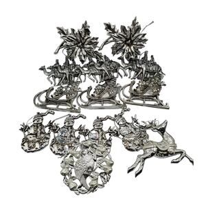 Large Lot of 11 Silver Tone Christmas Ornaments Sleigh Snowman Reindeer Etc